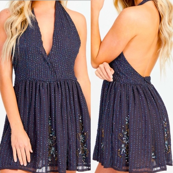 Altar'd State Dresses & Skirts - NWT Altar’d State Raven Beaded Sequin Backless Halter Mini Dress in Black